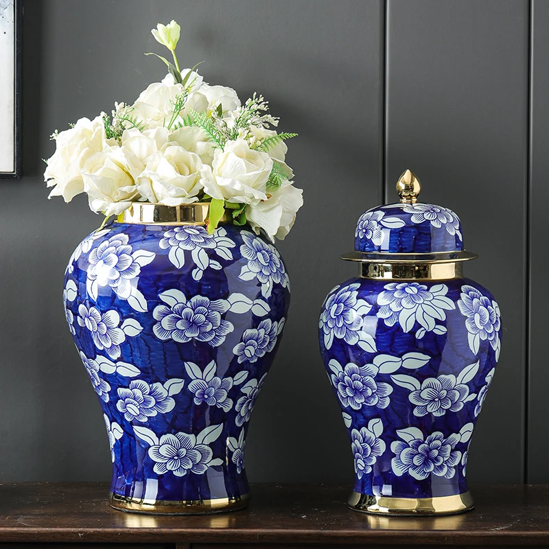 Plating Ceramic Vase Blue and White Porcelain General Jar with Lid Flower Arrangement Container Flower Vase Wedding Decoration