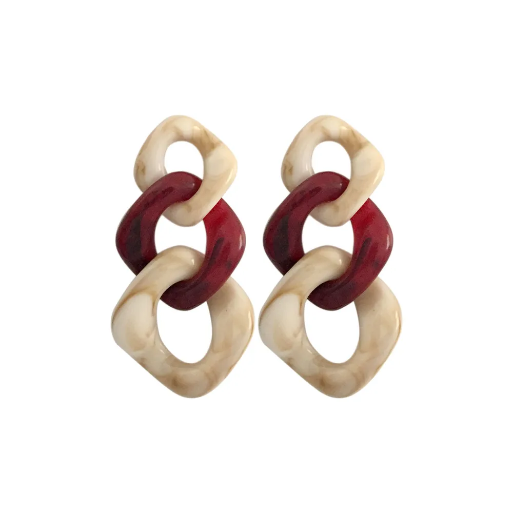 

Bohemia Cream Burgundy Marble Acrylic Chain Linked Drop Earrings For Women Girl