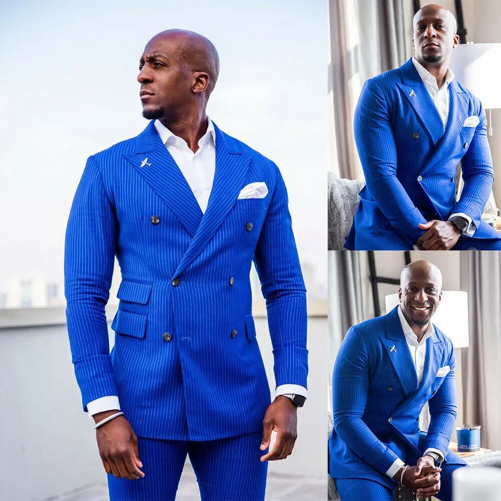 Blue Men Suits Vertical Stripes Fashion Tailor-Made 2 Pieces Causal Tuxedo Slim Fit Wedding Tuxedo Blazer Groom Groomsman