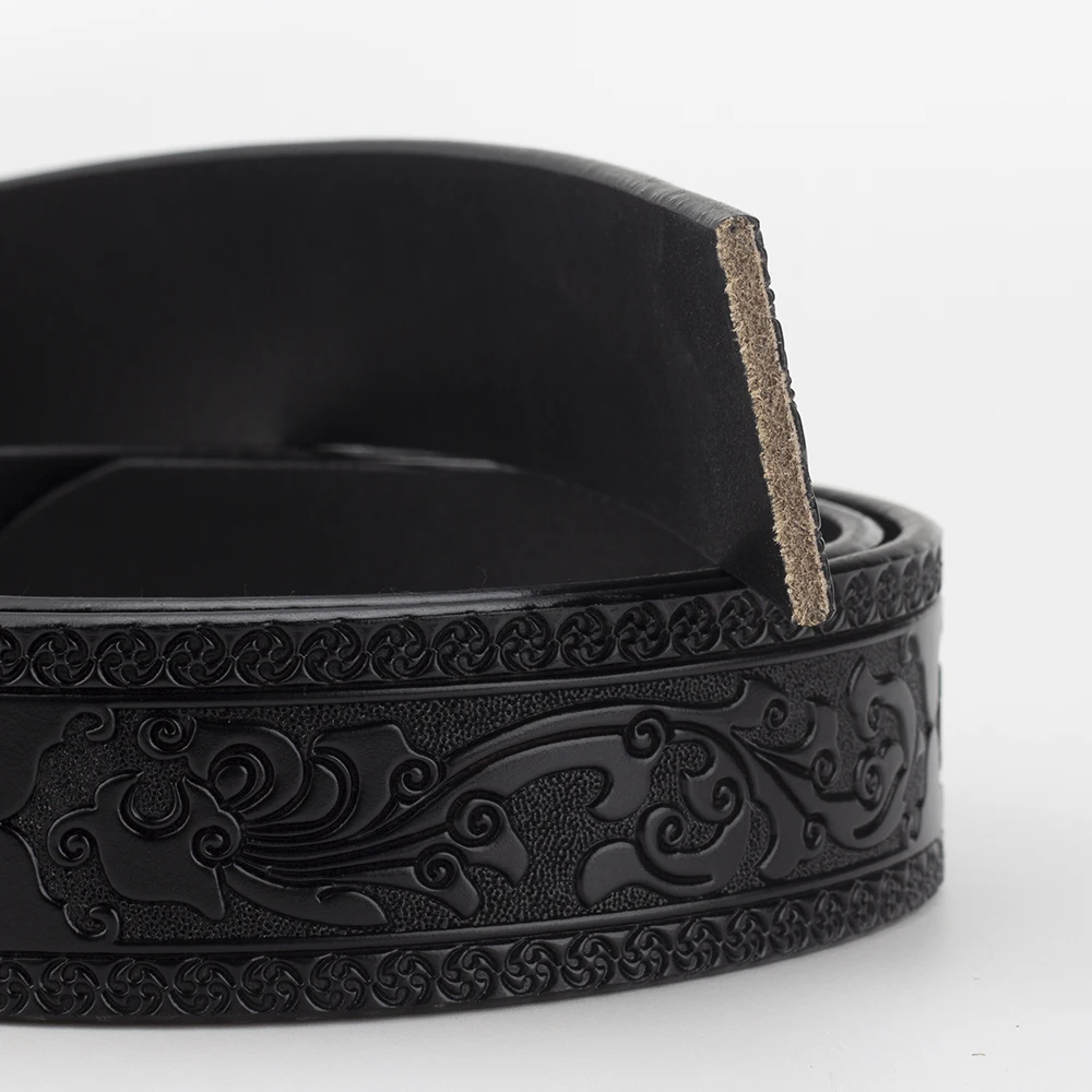 No Buckle Vintage Embossed Belts for Men Cowboy Clothing Accessories Split Leather