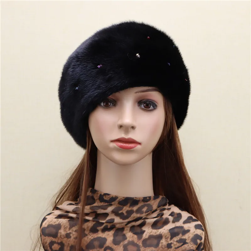 

New product whole skin mink starry beret hat whole mink imported leather flashing diamond beret Korean winter warmth