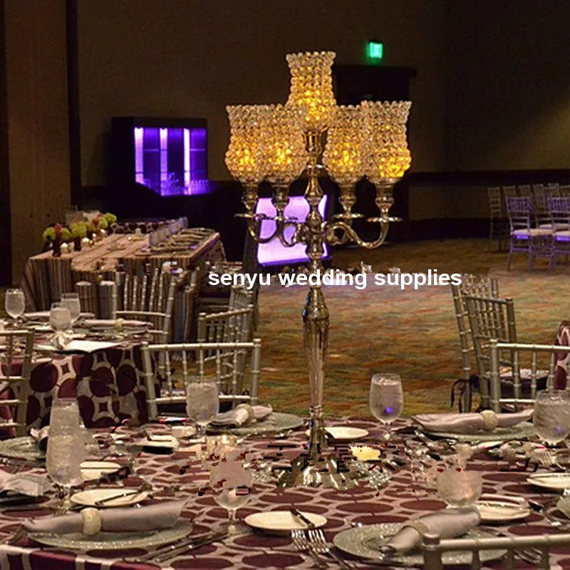 5-arms metal Gold/ Silver candelabras with crystal pendants wedding candle holder Event centerpiece 10 pcs