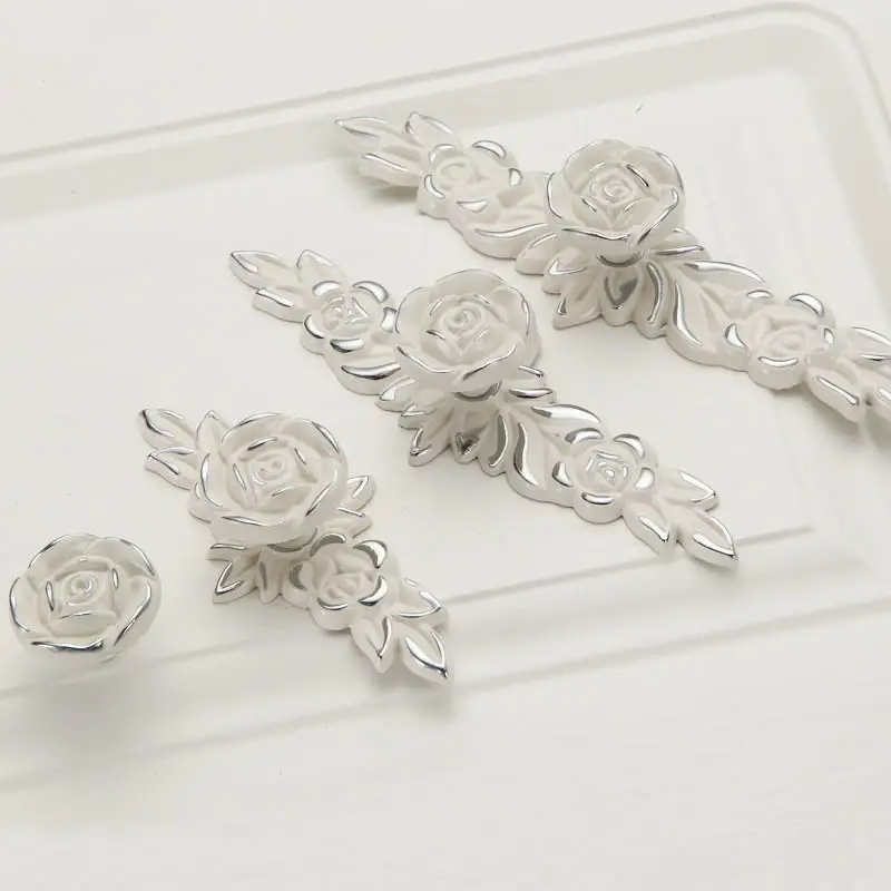 European Lvory White Rose Flower Kitchen Cabinet Handles Wardrobe Cupboard Door Pulls Drawer Knobs Furniture Hardware