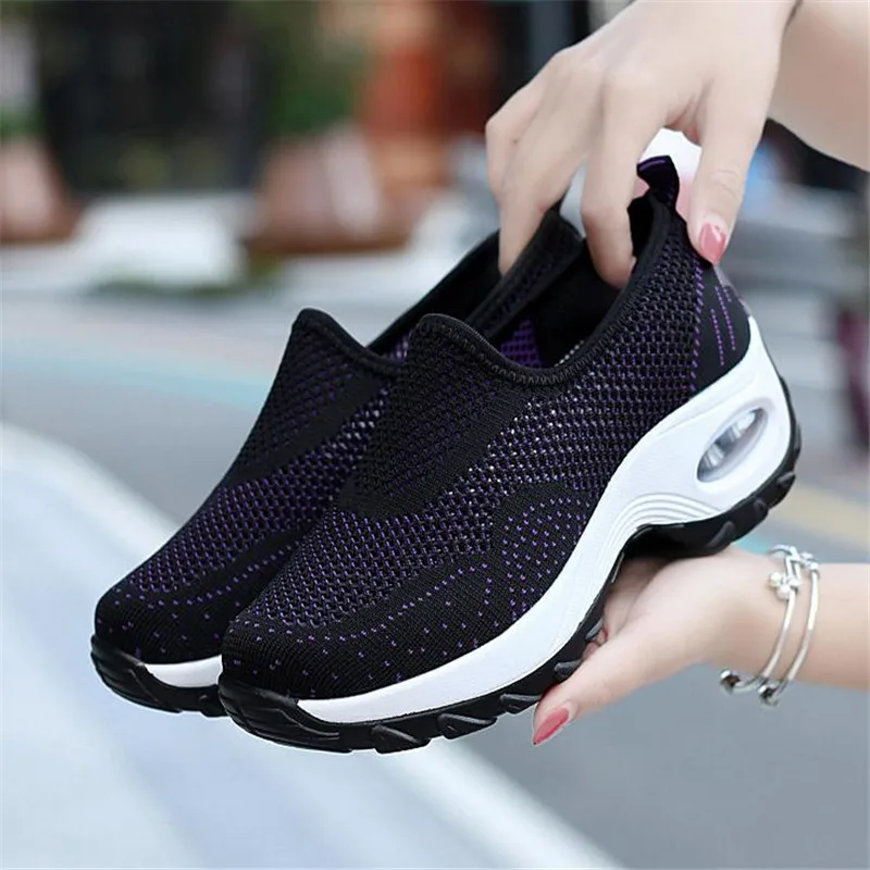 Woman Vulcanized Shoes Thick Bottom Shallow Air Mesh Breathable Slip-On Ladies Sneakers Solid Leisure Plus Size Female Footwear