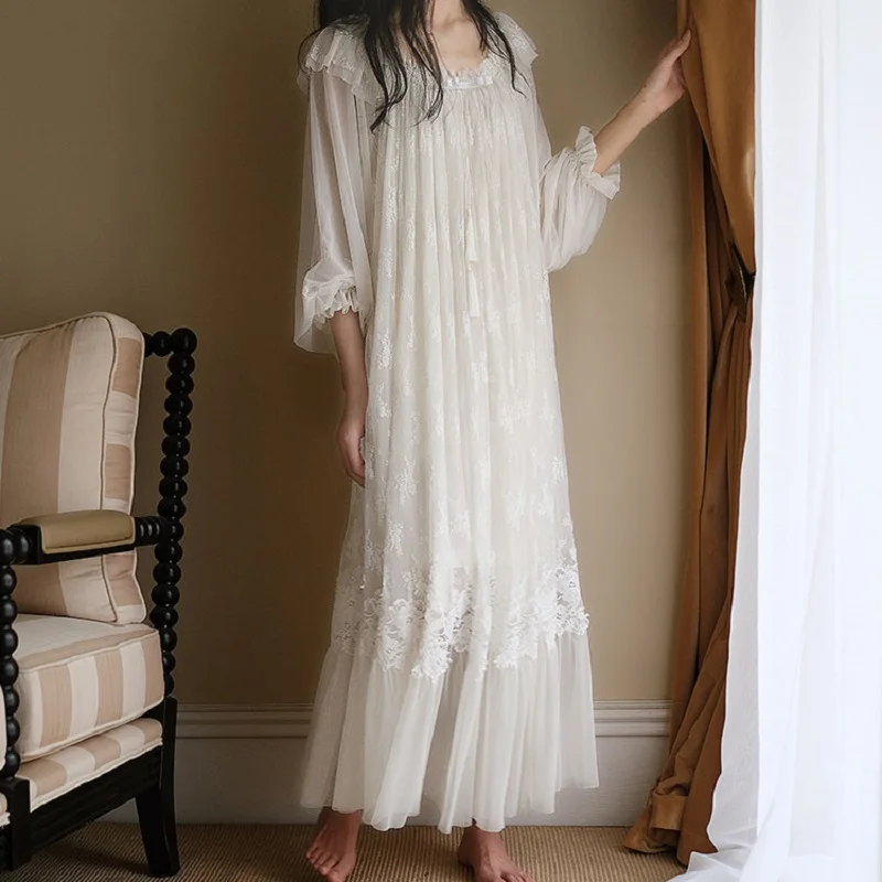 Hanxiuju Vintage Embroidery White Lace Women\'s Long Nightgowns Retro Princess Long Sleeve Sleepwear Autumn Spring Holiday Dress