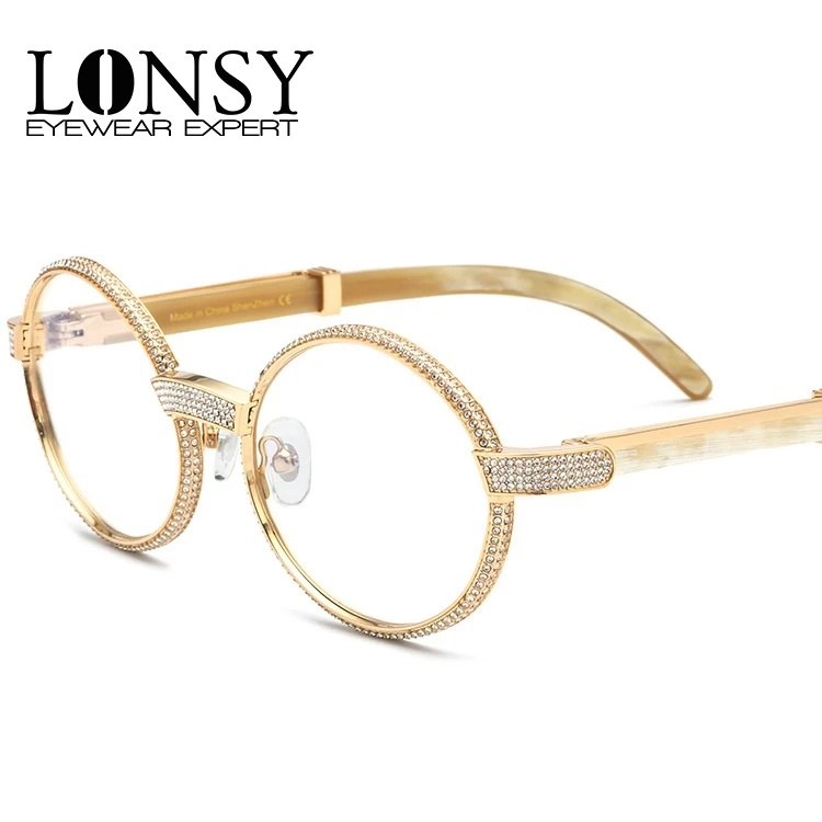 High Quality Diamond Buffalo Horn Glasses Frame Women Anti Blue Light Round Eyewear Blocking Computer Optical Spectacle Eyeglass