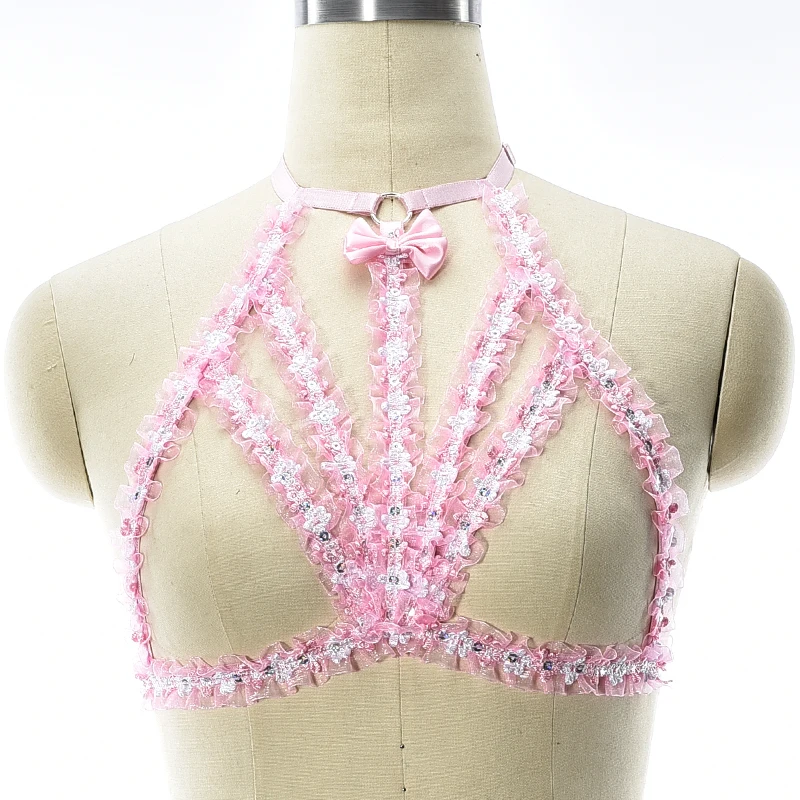 

Sexy Ladies Punk Pink Lace Body Harness Bra Chest Bondage Erotic Fetish Lingerie Cage Bra Gothic Garter Belt Suspenders