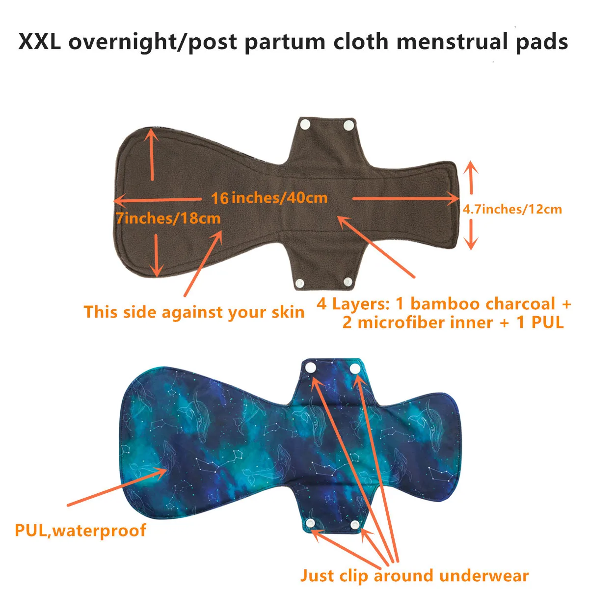 [Sigzagor] 1 XXL Cloth Menstrual Pad Sanitary Bamboo Charcoal Reusable Overnight Post Partum 16inches
