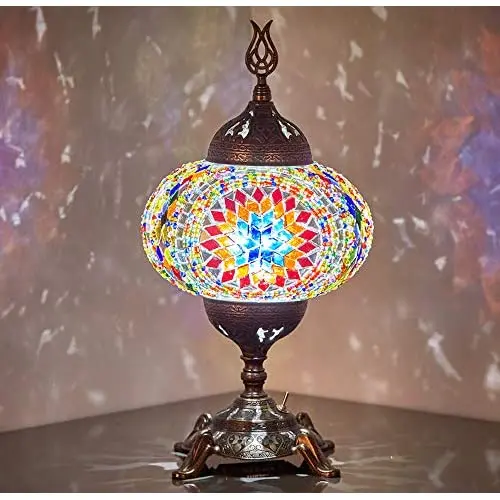 (15 Colors) Battery Operated Mosaic Table Lamp with Built-in LED Bulb, english Moroccan Handmade Mosaic Table Desk Bedside Mood