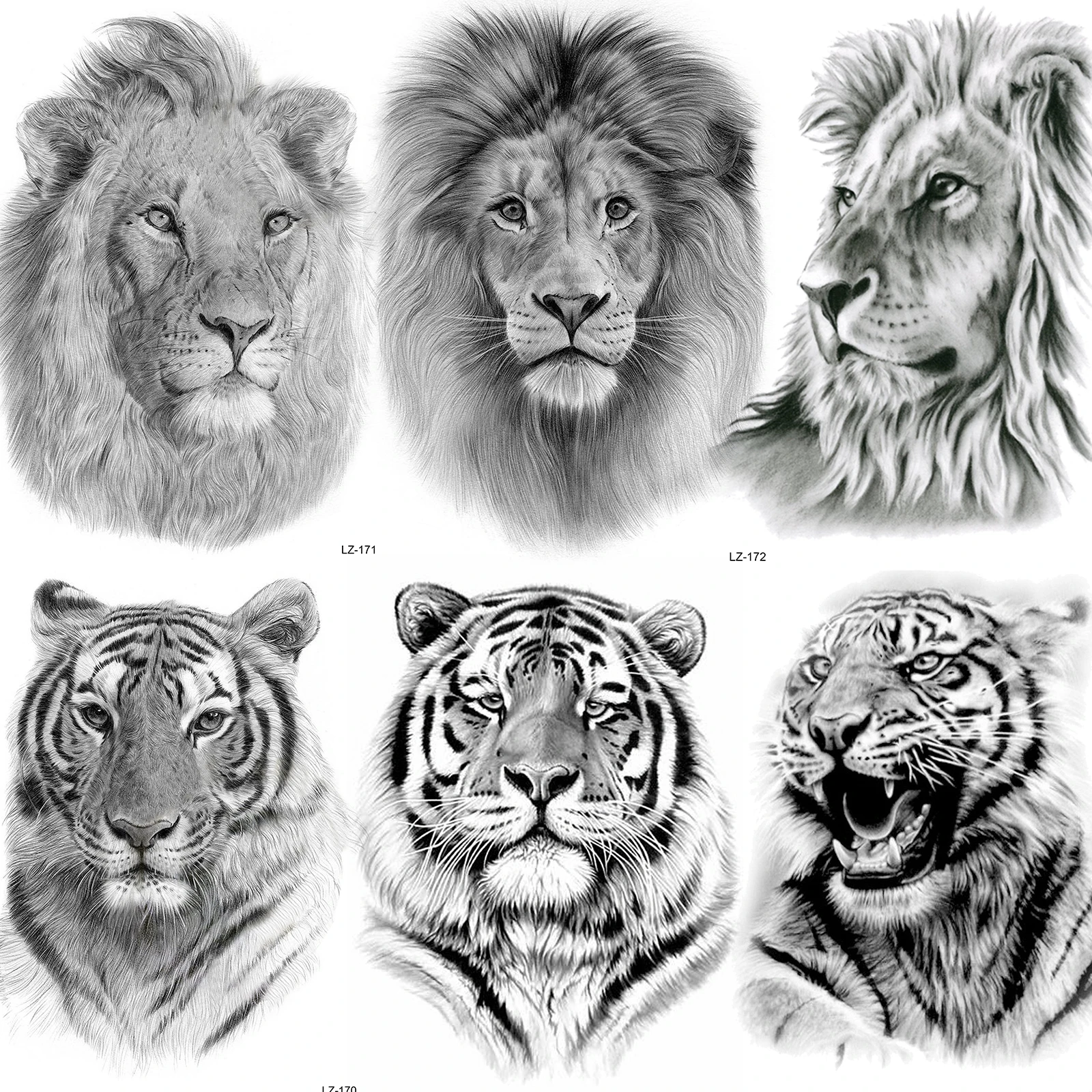 3D High Quality Lion Tiger Temporary Tattoos For Men Boys Realistic Fake Black Waterproof Tattoos Decal For Adult Party Supplies