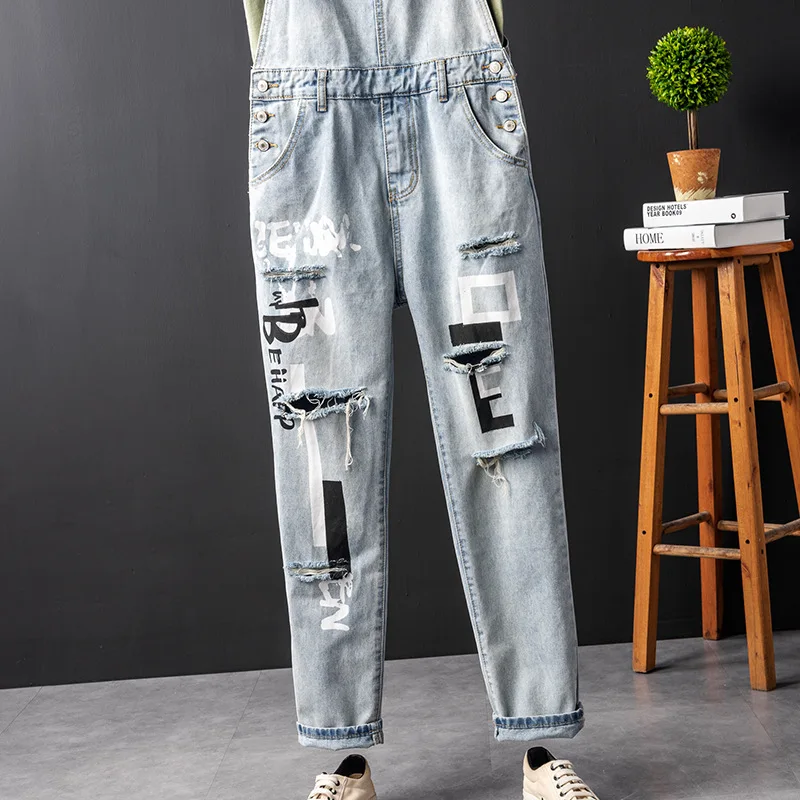 Fahsion-pantalones vaqueros rasgados para hombre, peto con múltiples bolsillos, Hip Hop, con letras, azul claro, para ocio