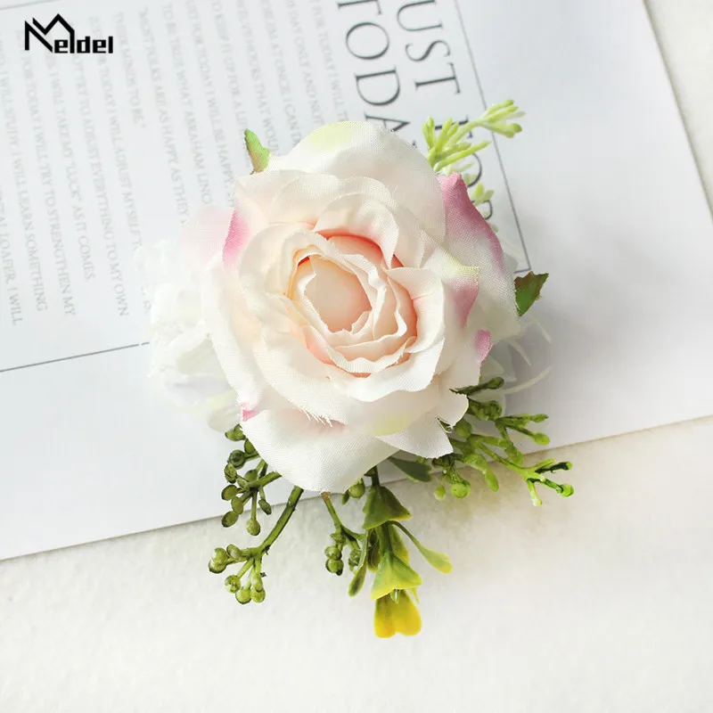 Meldel Wedding Boutonniere Groom broszka przypinki Bridal nadgarstek stanik dziewczyna bransoletka jedwabna róża na imprezę bal Wedding Planner kwiaty