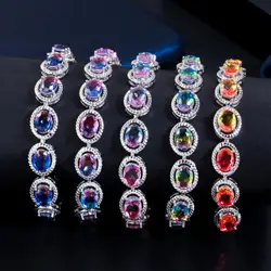 ThreeGraces Mystic Rainbow Cubic Zirconia Stone Silver Color Big Colorful Oval Link Chain Bracelets for Women Party Gift BR320