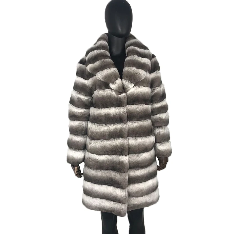 Chinchilla Rex Rabbit Fur Coat Turndown Collar Real Fur Coat Women's Long Coat Beauty Warm Fashion New Arrivals