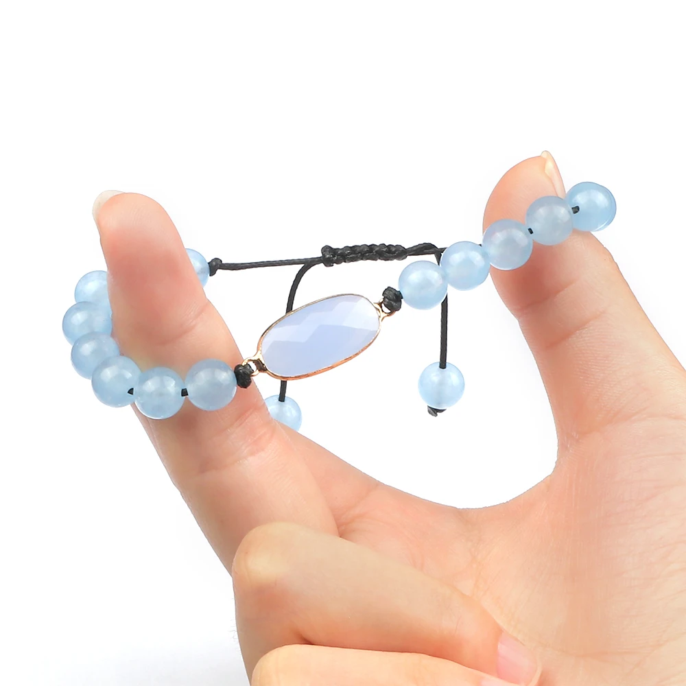 الأزياء 6 8MM الأزرق العقيق حبة سوار البيضاوي قطرة نوع حجر قلادة مضفر سوار زوجين قابل للتعديل مجوهرات هدية