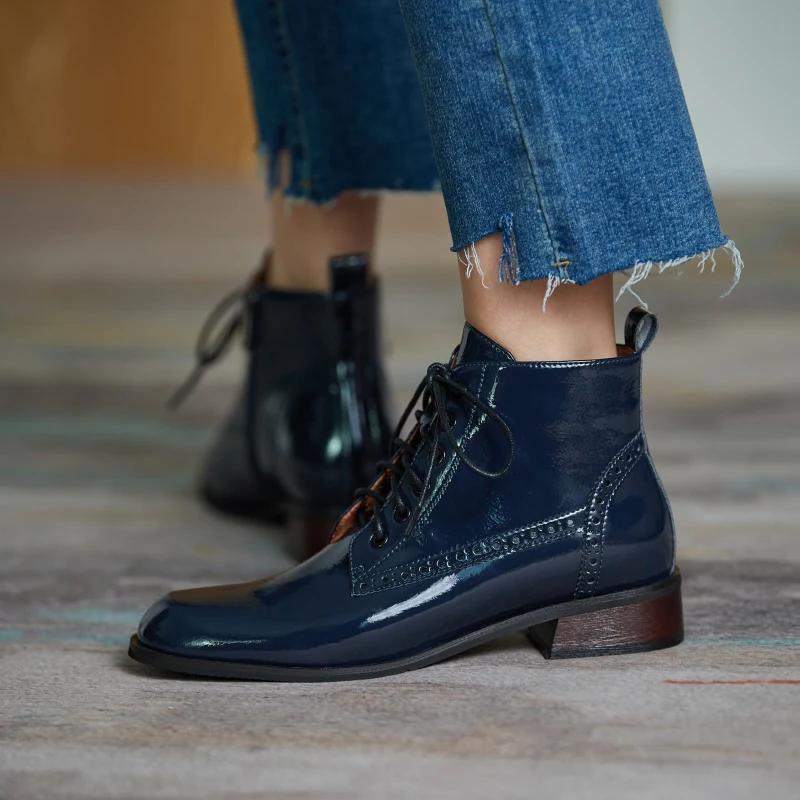 Quality Women Genuine Leather Ankle Boots Round Toe Lace Up Riding Boots Warm 2020 Autumn Winter New Nigh Club Punk Shoes Woman