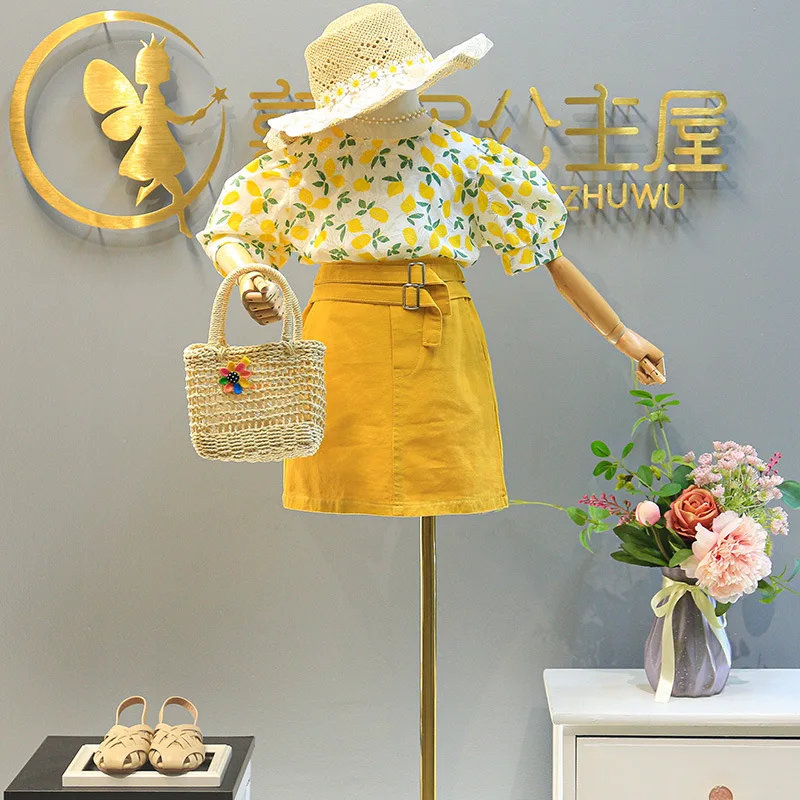 New Fashion Summer Girl Clothing Suit Country Style Floral Puff Sleeve Top + Belt Denim Skirt Two-Piece Suit Children\'S Clothing