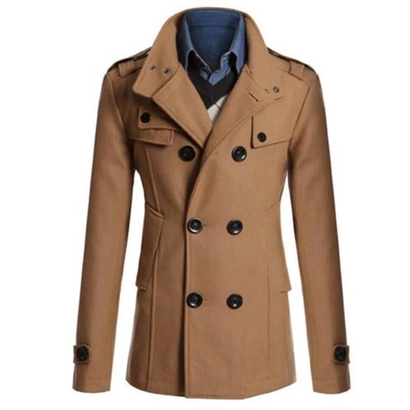 Mens New Winter Warm Trench Woolen Coat Slim Casual Reefer Jackets Solid Stand Collar Double Breasted Peacoat parka  2021