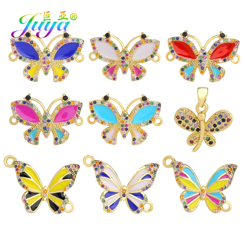 

Juya DIY Bracelet Necklace Making Findings Cubic Zirconia Enamel Butterfly Charms Connector For Creative Pendant Jewelry Making
