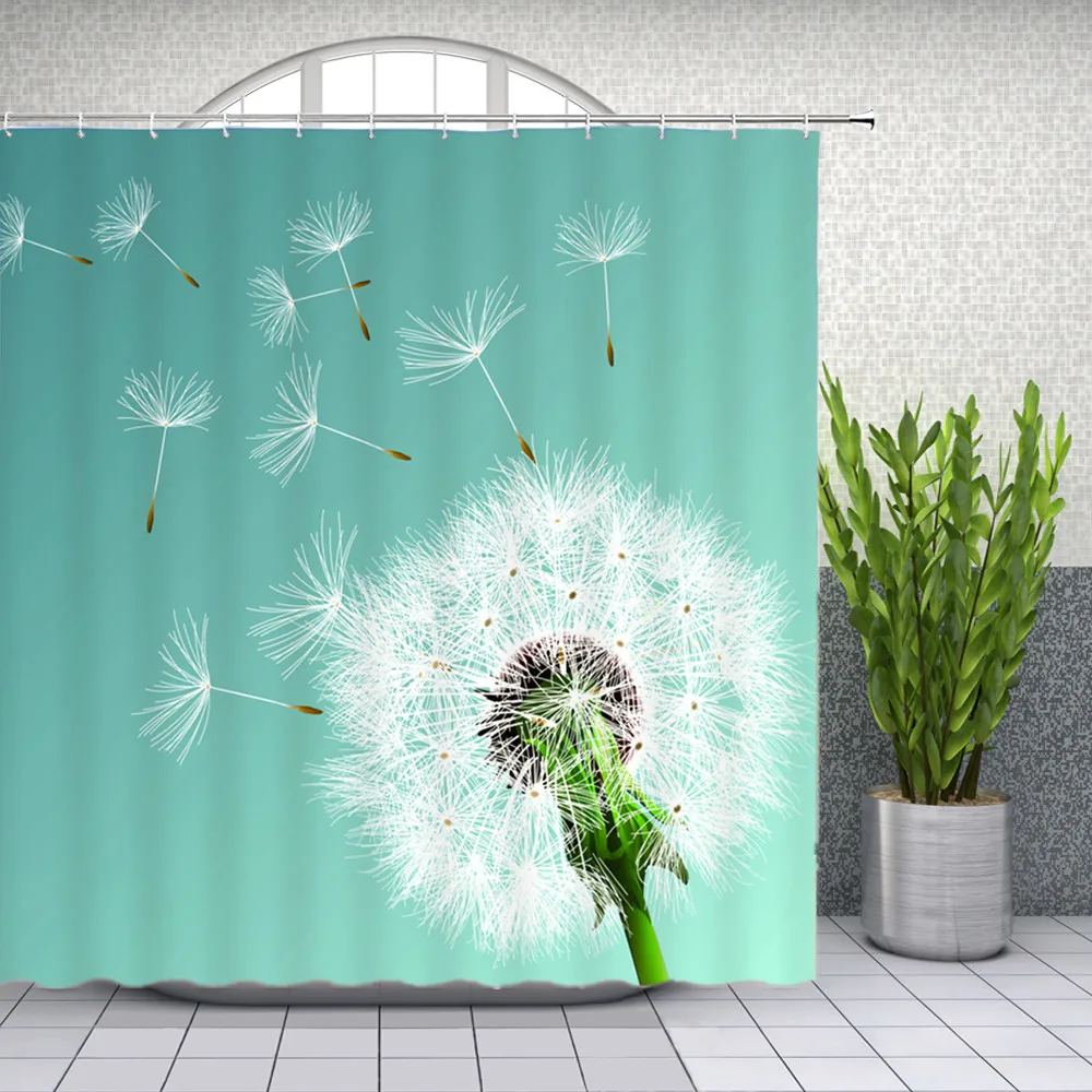 Plant Shower Curtains White Dandelion Greenery Blue Background  Simple Girls room Bathroom Decor Waterproof Cloth Curtain Set