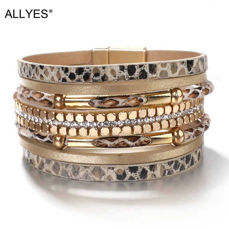 ALLYES Crystal Snake Skin Leather Bracelets for Women Fashion Bohemian Multilayer Charm Bracelet Bangles Female Party Jewelry