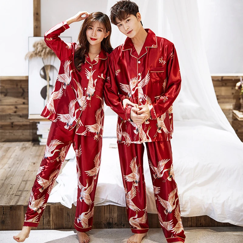 2PCS Lovers Pajamas Sets Women And Men Long Sleeve Long Pants Sleepwear Suit Silky Satin Home Wear Sexy Wedding Home Clothes