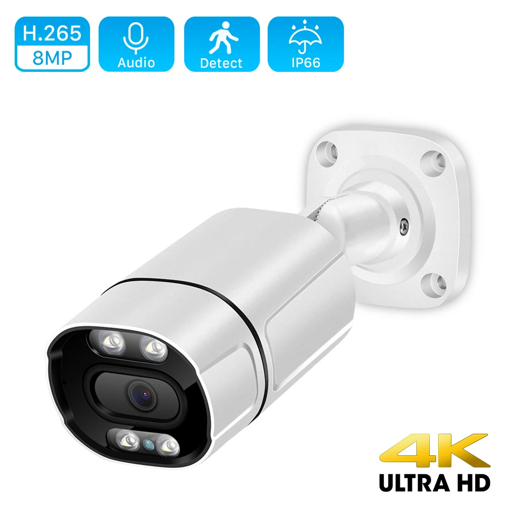 8MP 4K IP Camera Outdoor Audio H.265 Color Infrared Night Vision Metal Bullet CCTV 4MP POE Home Video Security Camera