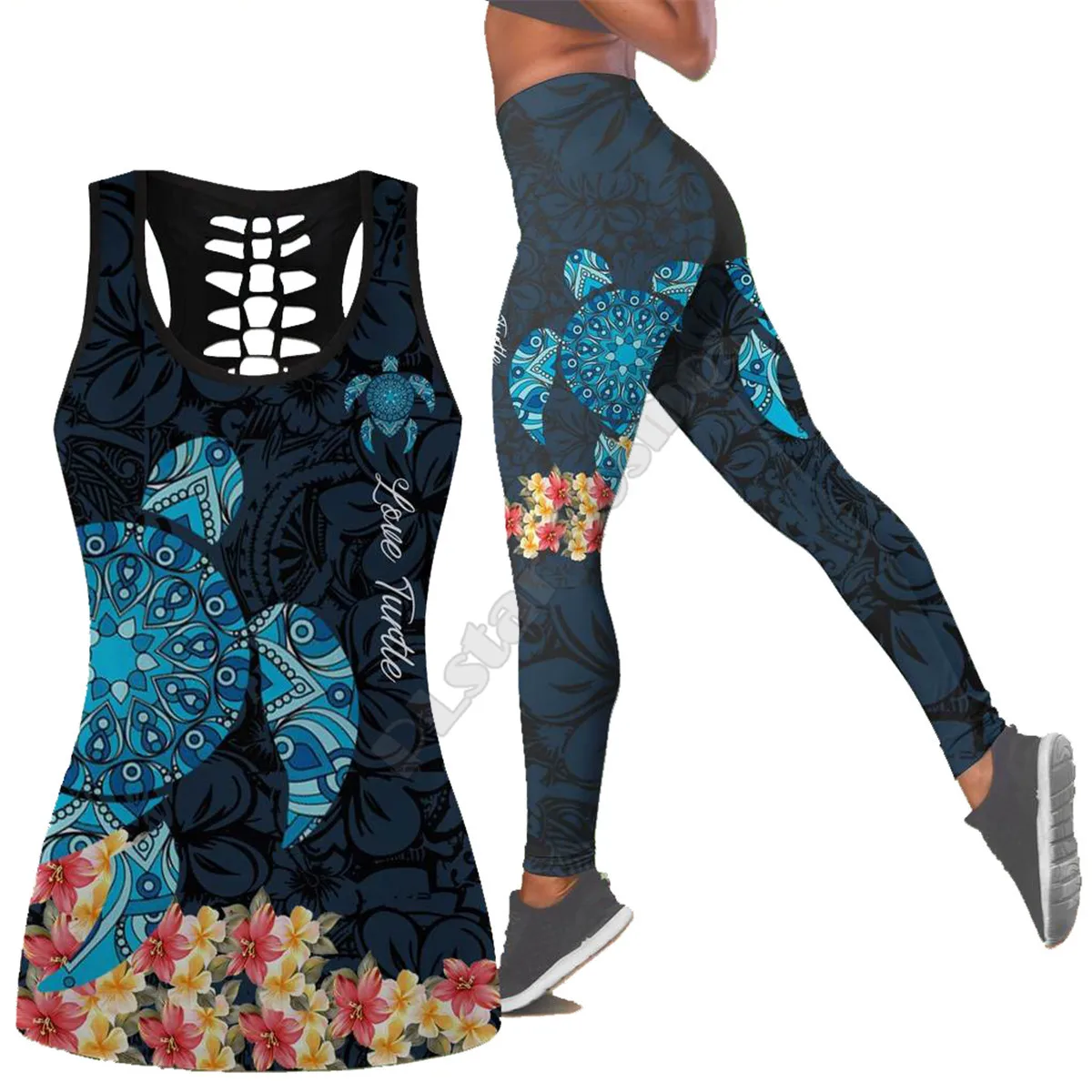 

Sea turtle Polynesian 3D Printed Hollow Out Tank Legging Suit sexy Yoga Fitness Soft Legging Summer Women For Girl 18