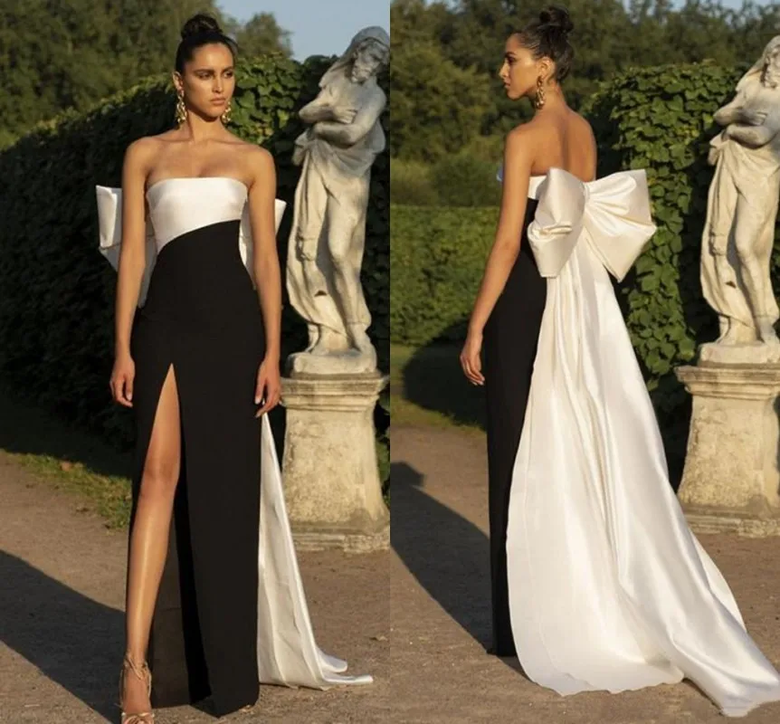 Liebsten Meerjungfrau Abendkleider 2021 Weiß/Schwarz High Side Split Bodenlangen Formale Prom Party Kleider Mit Großen Bogen vestidos