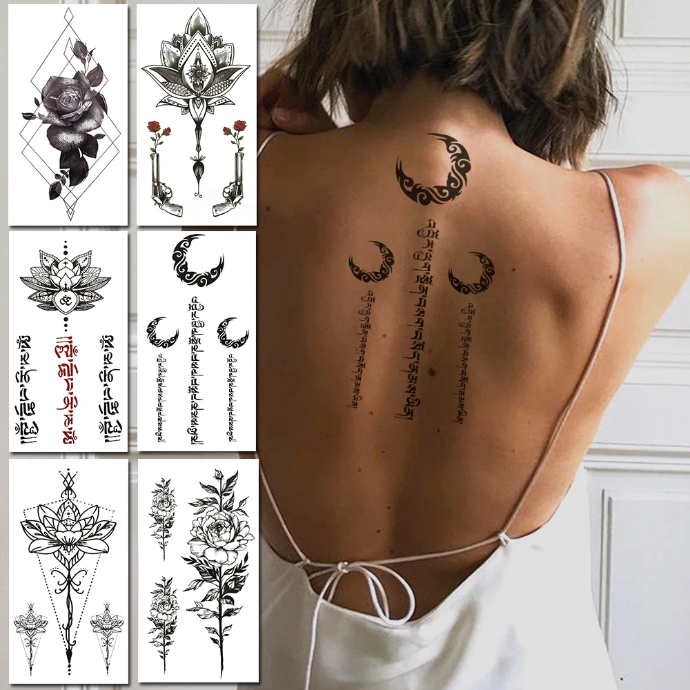 Sanskrit Character Temporary Tattoo For Women Small Lotu Flower Fake Tattoo Sticker Finger Geometric Rose Branch Back Moon Tatoo