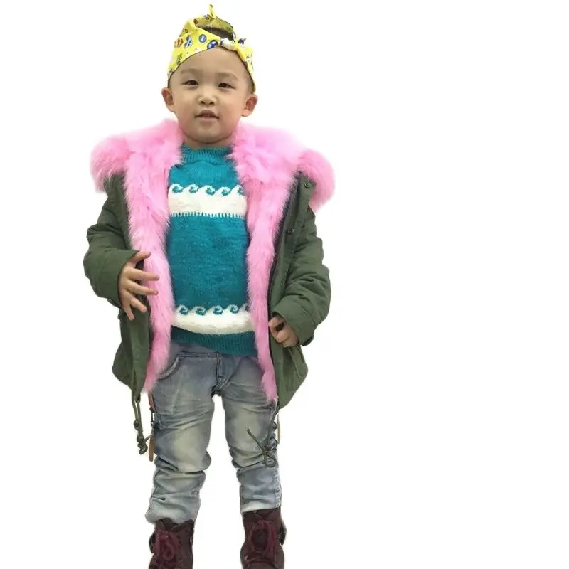 Italy Design Pink Fox Fur Wear,Kids  Fully Pink Fox Army Green Short Fur Parka,Girls Coat Both Side Wear 2-14 Years