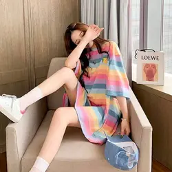 Rainbow Stripes Niche T-shirt Women Short-sleeved Loose Mid-length T-shirt Womens Clothes Kawaii Cute T Shirt Ins 2024 Summer