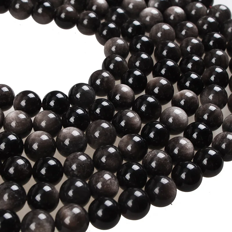 Natural Stone Beads AAA Silvery Obsidian Stone Round Loose Beads 4 6 8 10 12 14 16mm For Bracelets Necklace Diy Jewelry Making