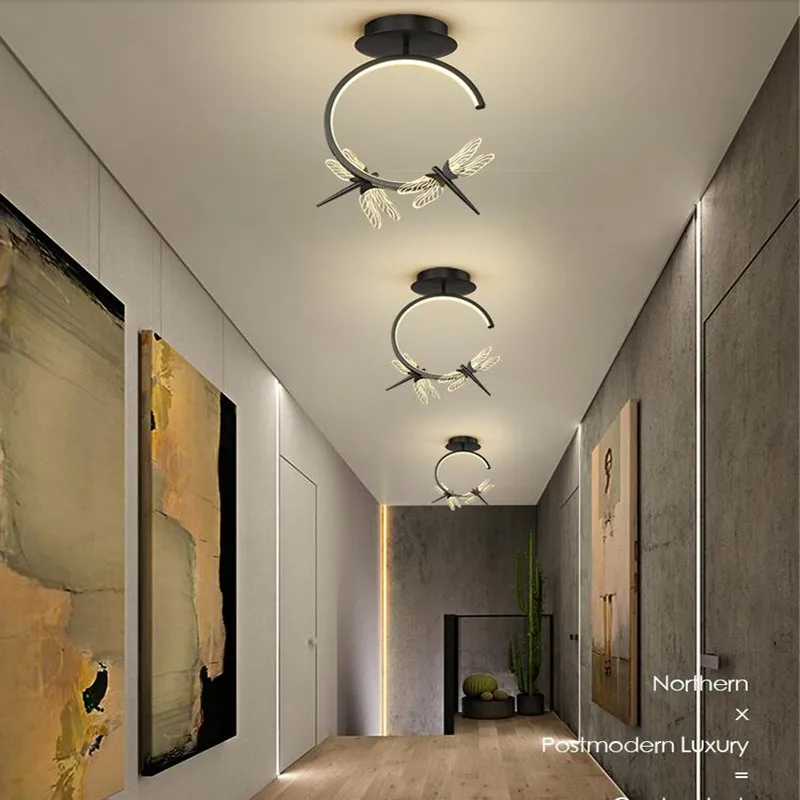 

Modern Minimalist Creative Nordic Cloakroom Balcony Corridor Aisle Gold/Black Dragonfly Ceiling Lamp