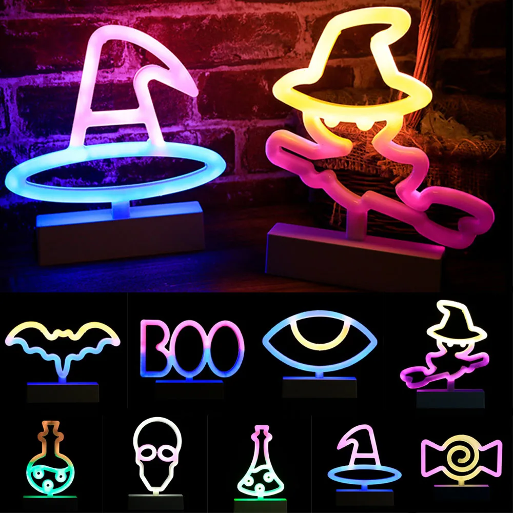 Battery Powered USB LED Neon Night Lights Sign Xmas Art Bat Neon Sign Witch Halloween Decoration Party Wall Hanging Neon Lamp