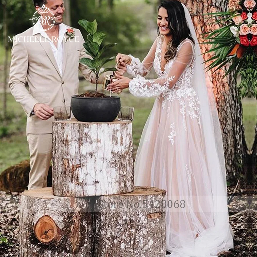 Michelle Royce Chữ A Tay Phồng Váy Áo Nữ 2022 Ảo Giác Hở Lưng Nhà Nguyện Đoàn Tàu Áo Cưới Đầm Vestido De Novia