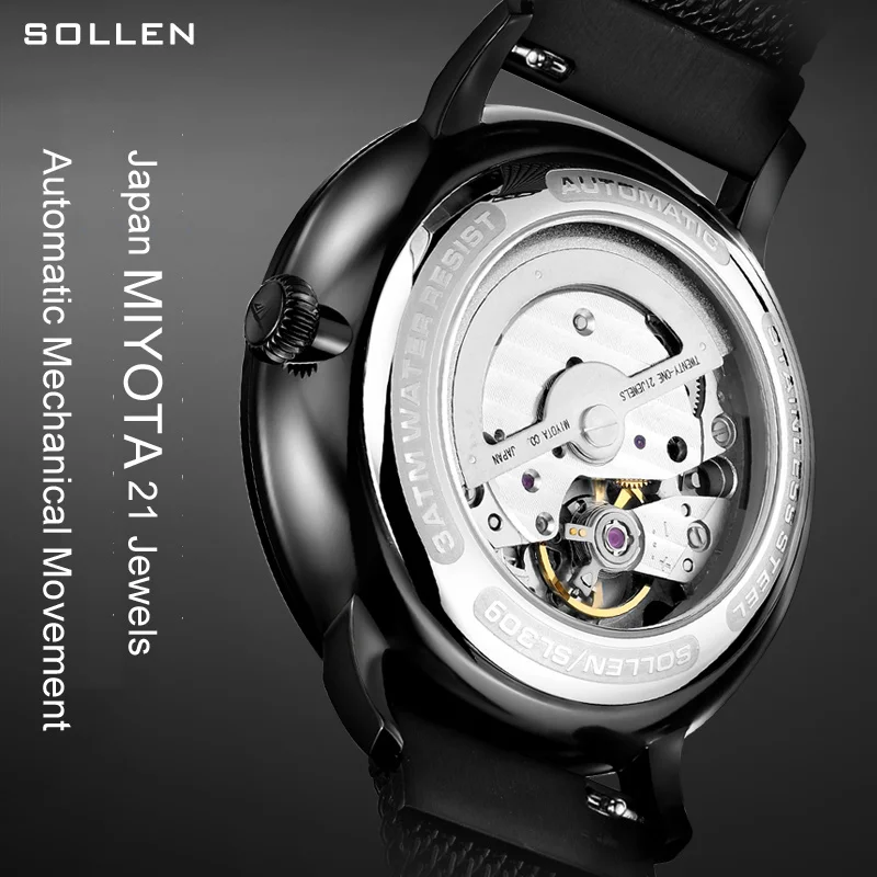 New Switzerland SOLLEN Luxury Brand Japan MIYOTA Automatic Mechanical Men‘s Watches Waterproof Luminous Auto Date Clock SL309