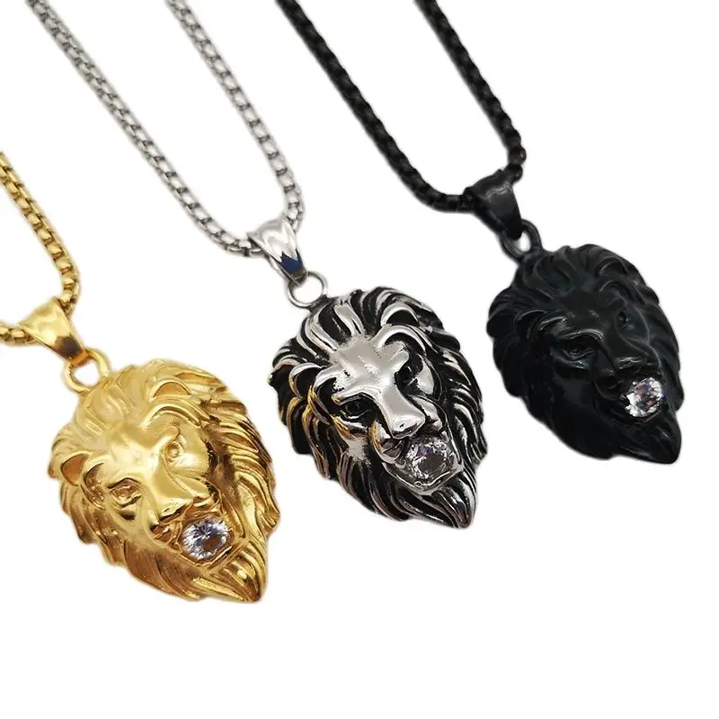 316L Stainless Steel Roaring Lion Pendant Necklace White CZ Stones 3D Animal Lion Necklace Men Hip Hop Fahion Jewelry