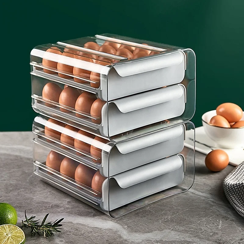 Kitchen drawer transparent double-layer 32-grid egg box refrigerator crisper portable picnic egg storage box  drawer organizer