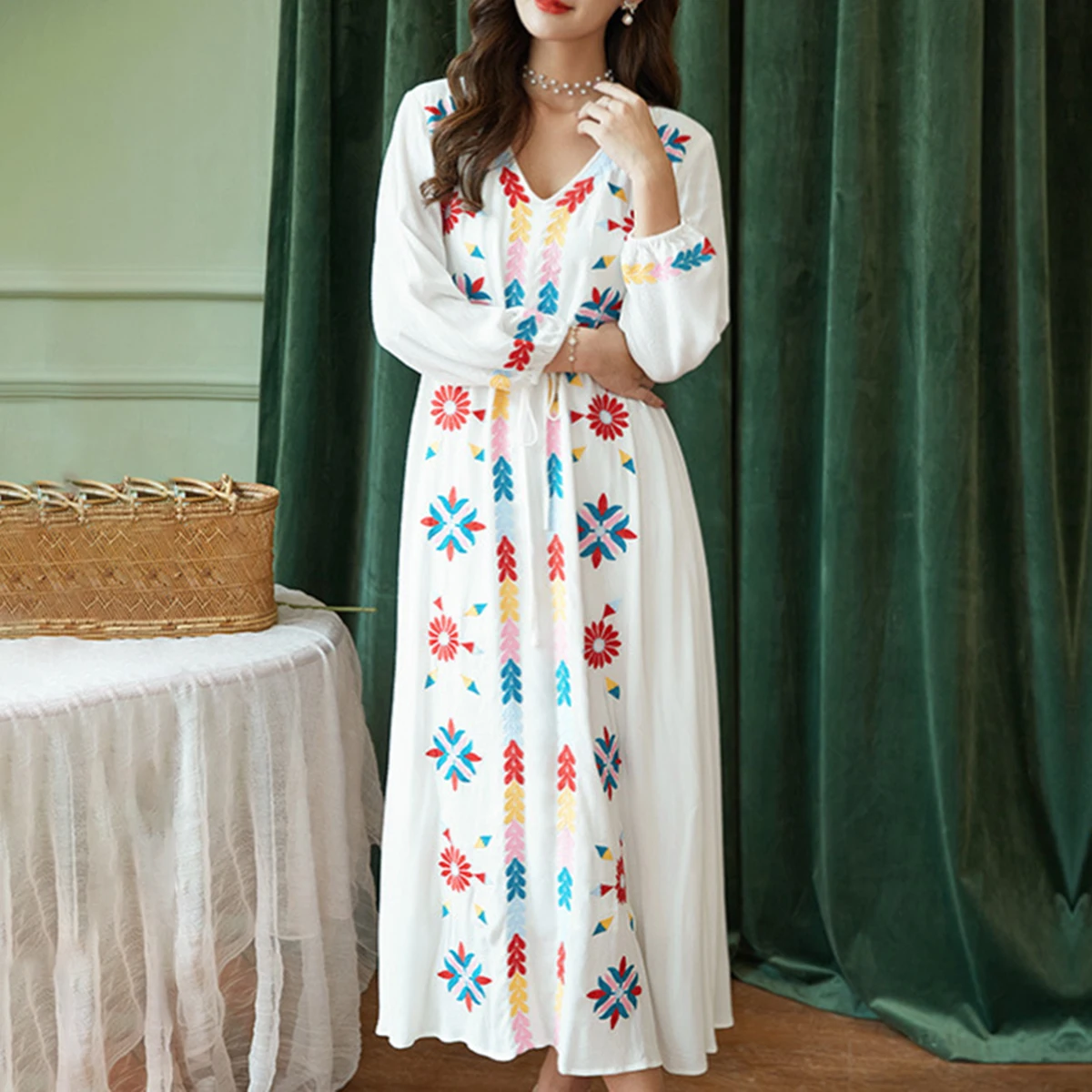 

Jastie Vintage Floral Embroidery Midi Dress Lantern Sleeve V-Neck Lace-up High Waist Casual Dress Elegant Spring Female Clothes