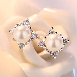 Simple 925 Silver Needle Dazzling Zircon Earrings Snowflake Pearl Flower Stud Earrings For Women Girl Gift Pendientes Brincos