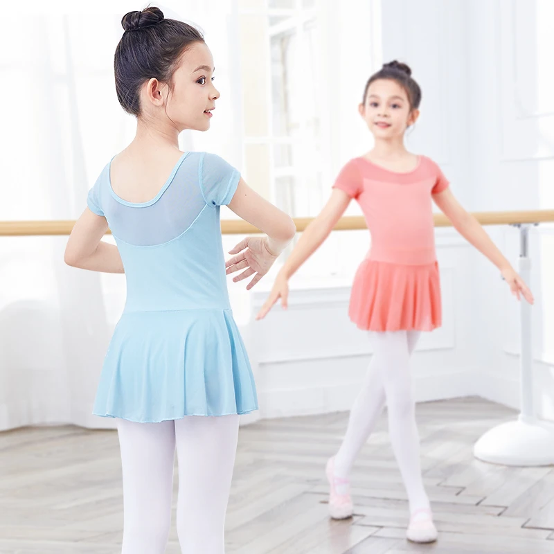 Girls Dance Leotards Ballet Dress Kids Mesh Splice Gymnastics Leotards Short Sleeve Ballet Dance Costumes Ballet Bodysuit