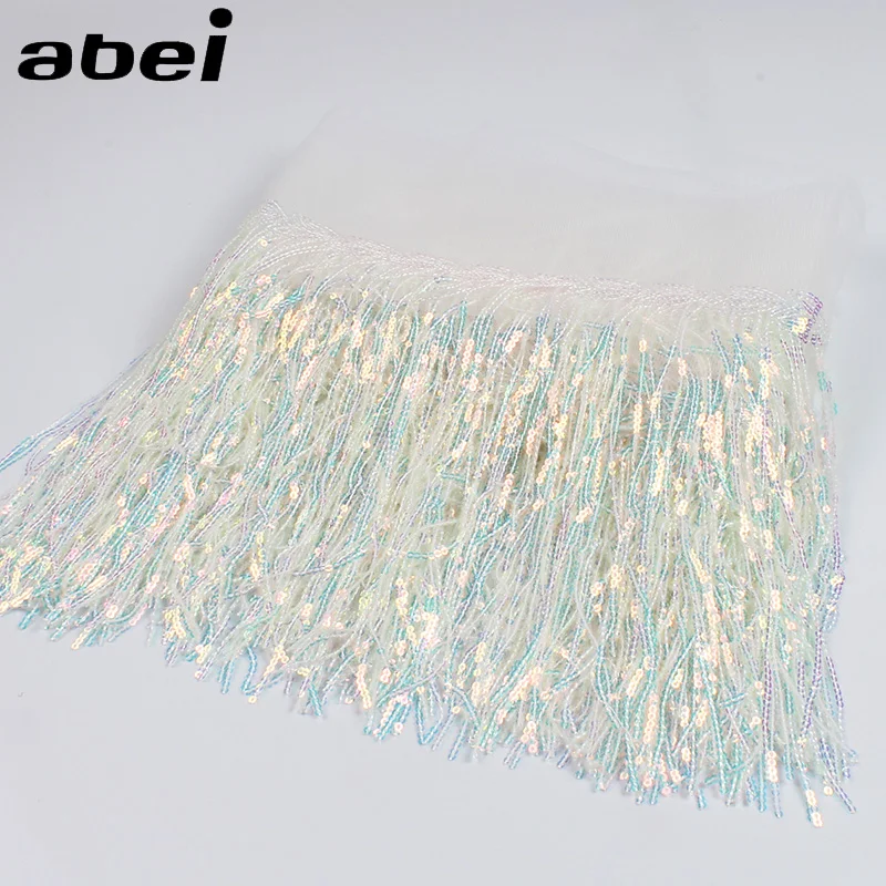 2Yards 32cm Luxurious Shiny Wedding Party Dress White Mesh Fabric Trims Fringe Sequins Paillette Tassel Lace Ribbon DIY Farbic