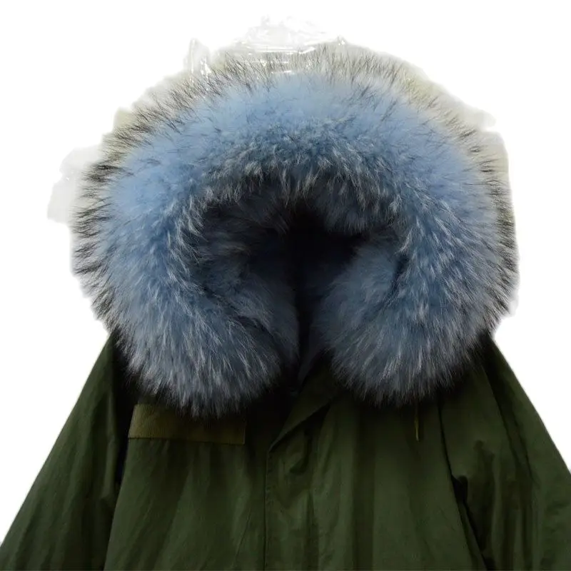 Sky Blue Fashion Women Winter Wear Real Fox Fur Mr&Mrs Wear Light Blue Real Thick Fox Fur Army Green Jacket