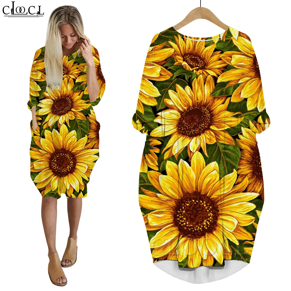 CLOOCL Women Dress Beautiful Sunflower Yellow Flowers 3D Printed Loose Daughter Dresses Long Sleeve Casual Pocket Female Dress