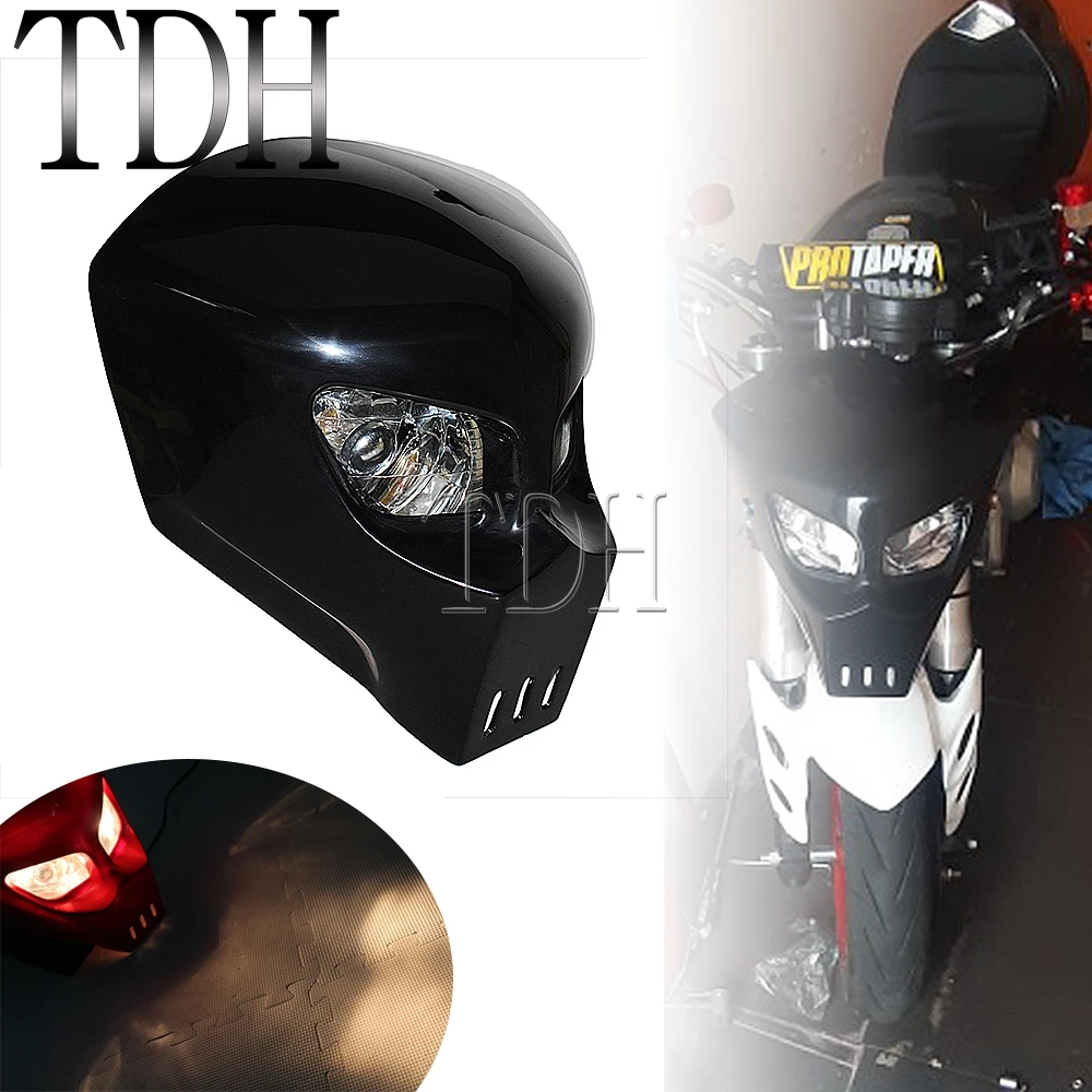 12V Black White Headlight Headlamp Motorcycle Universal Vision Skull For Yamaha Honda Dirt Bike Skull Fairing Alien Head light