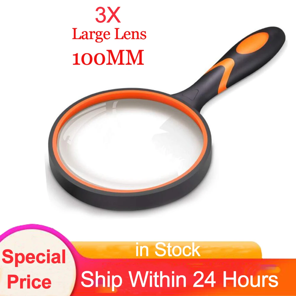 Magnifying Glass 3X Handheld Reading Magnifier 100MM Large Magnifying Lens with Non-Slip Soft Handle, Repair Lupa Hobby лупа