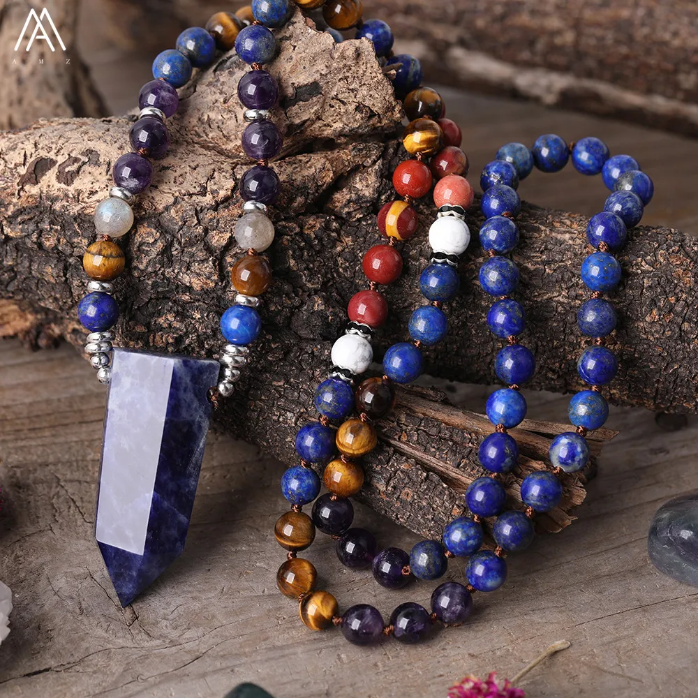 

Natural Sodalite Stone Point Pendant 8mm Amethysts Quartz Tiger Eye Lapis Round Beads Knotted Handmade Necklace Mala Jewelry