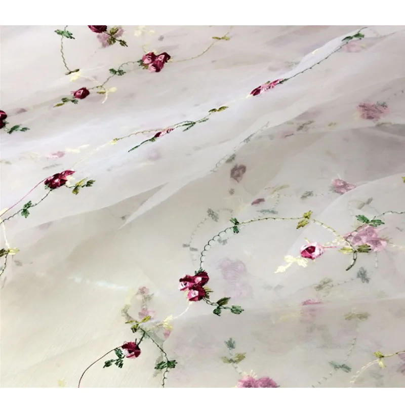 Rose Organza Fabric Diy Craft Tulle Embroidered Lace Fabric Gauze Transparent Fabric Dress Garment Sewing Materiel Tissue Voile