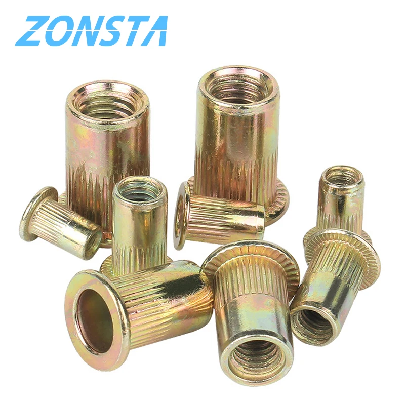 Rivet Nut M3 M4 M5 M6 M8 M10 M12 Flat Head Threaded Rivet Insert Nutsert Carbon Steel Color Zine Knurled Nuts Rivnut